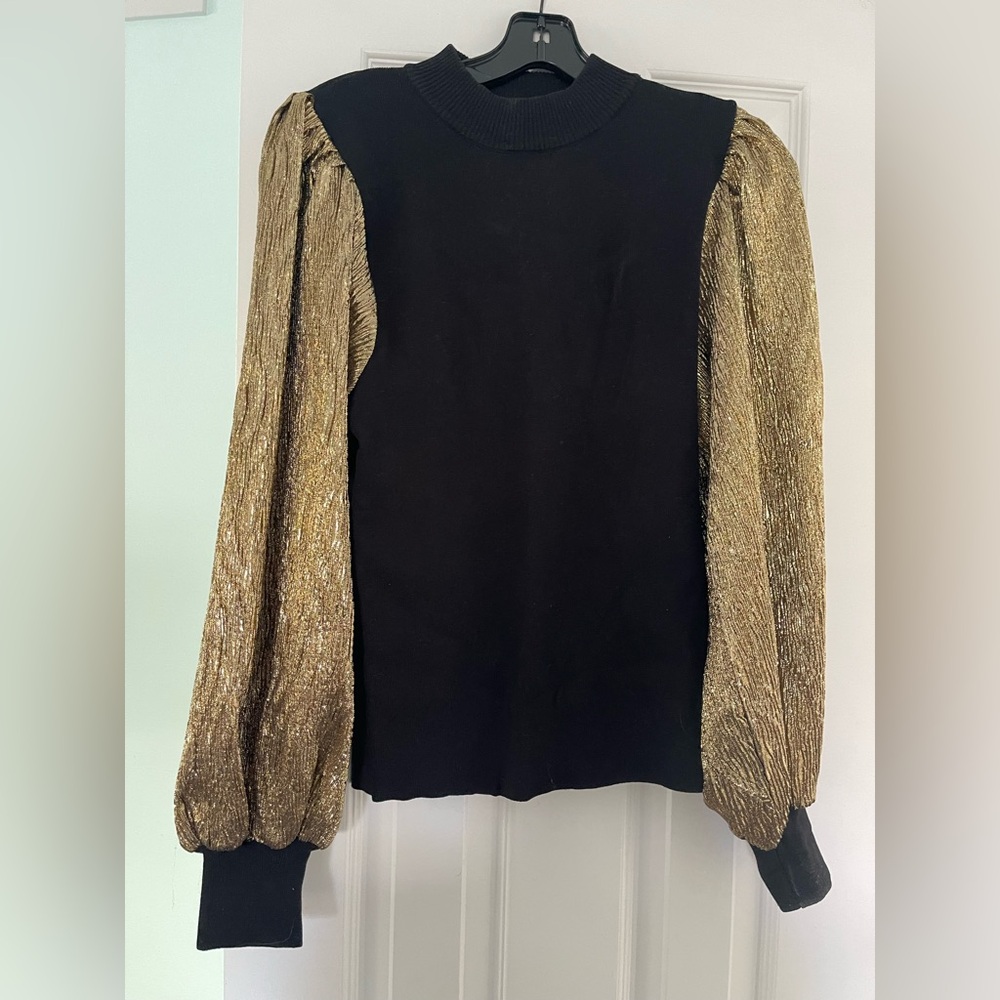 Black Sweater Top with Gold Metallic Sleeves (Size Large)